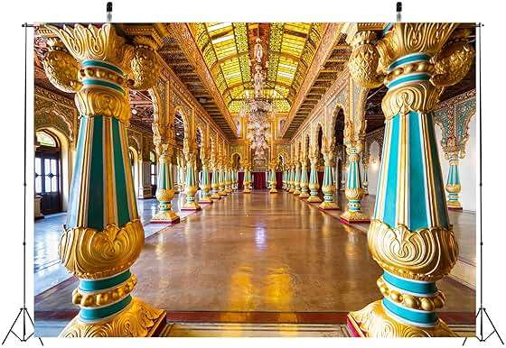 BELECO 7x5ft Fabric Royal Indian Palace Backdrop Mysore Palace,Karnataka,India Gilded Columns Glass Ceiling with Luxurious Chandeliers Background Indian Travel Portrait Photo Shoot Studio Props - Image 3
