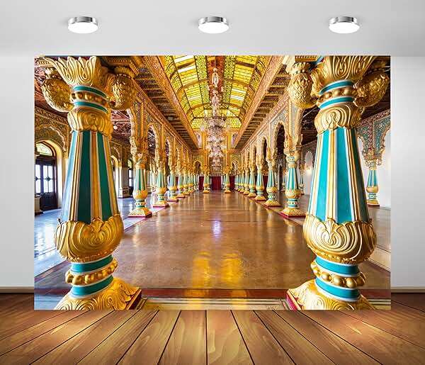 BELECO 7x5ft Fabric Royal Indian Palace Backdrop Mysore Palace,Karnataka,India Gilded Columns Glass Ceiling with Luxurious Chandeliers Background Indian Travel Portrait Photo Shoot Studio Props - Image 4