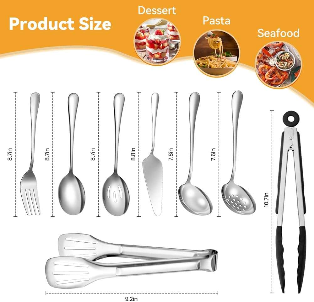 Serving Utensils Set for Partie, Silver Stainless Steel Metal Serveware Large Serving Spoons, Slotted Spoons, Forks, Tongs, Soup and Skimmer Spoon, Cake Server for Buffet, Catering, Entertaining 15pcs - Image 2