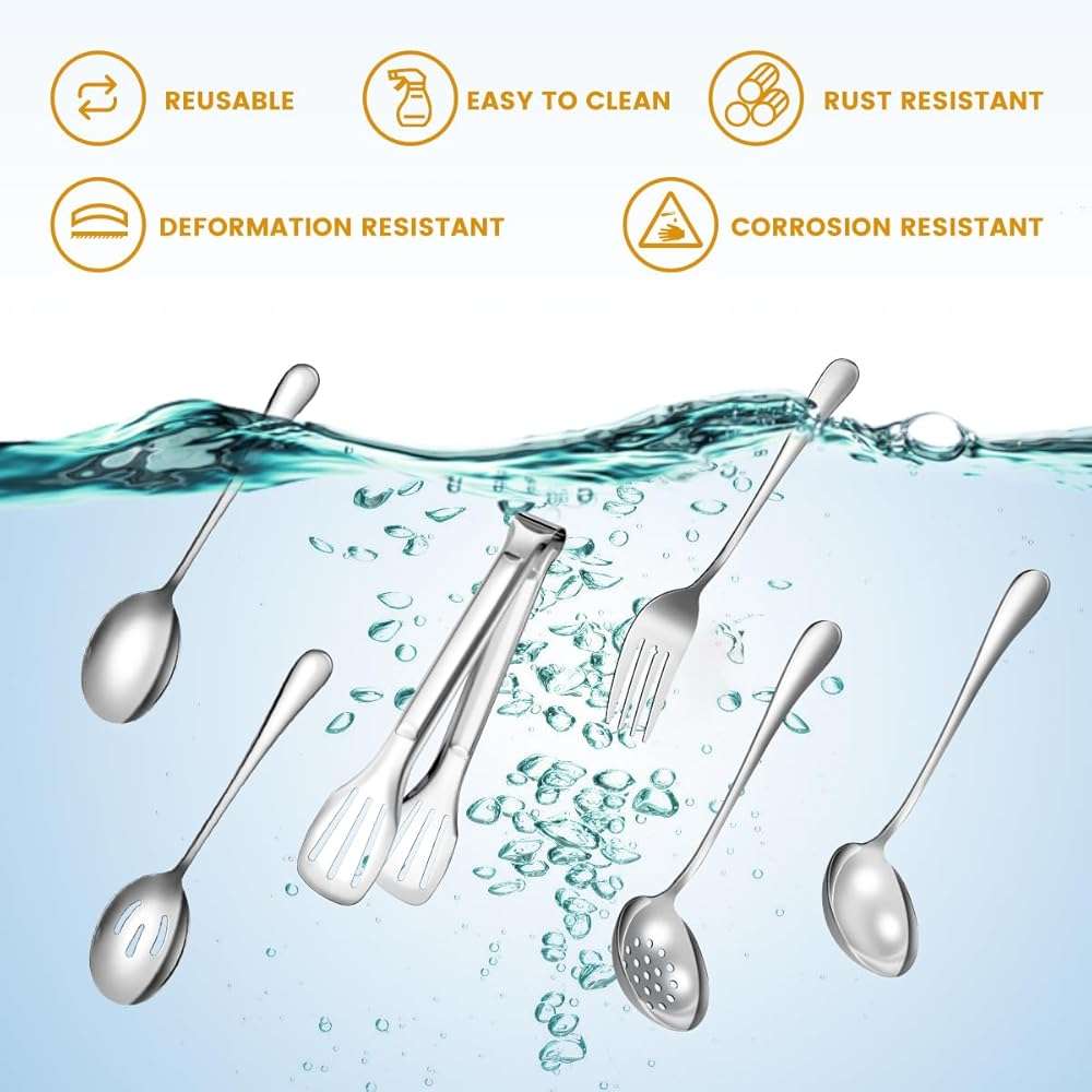 Serving Utensils Set for Partie, Silver Stainless Steel Metal Serveware Large Serving Spoons, Slotted Spoons, Forks, Tongs, Soup and Skimmer Spoon, Cake Server for Buffet, Catering, Entertaining 15pcs - Image 3