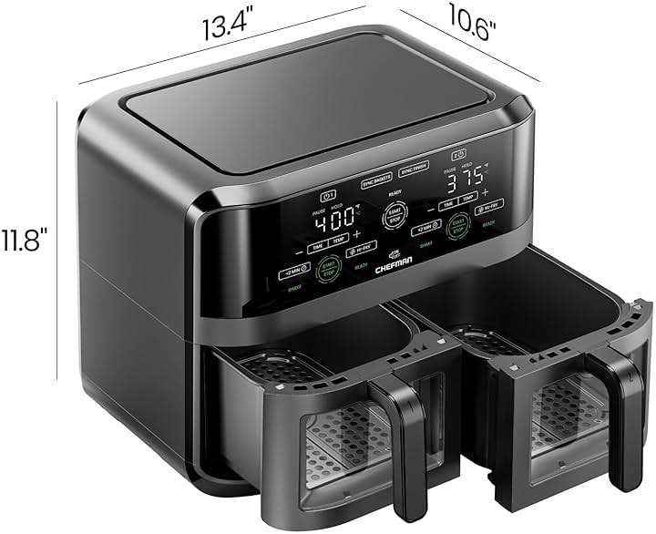 CHEFMAN 6 Quart Dual Basket Air Fryer Oven with Easy View Windows, Sync Finish, Hi-Fry, Auto Shutoff, 2 Independent 3Qt Nonstick Dishwasher Safe Frying Baskets, Digital Double Air Fryer - Black - Image 2