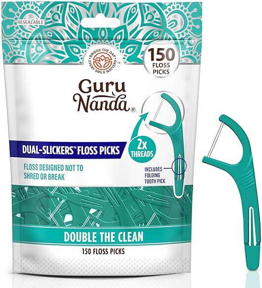 GuruNanda Dual Slickers Floss Picks - Double Threaded Dyneema Dental Floss with Foldable Toothpick for Effective Plaque Removal - Unflavored- 150 Ct - Image 1