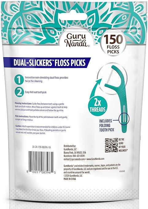 GuruNanda Dual Slickers Floss Picks - Double Threaded Dyneema Dental Floss with Foldable Toothpick for Effective Plaque Removal - Unflavored- 150 Ct - Image 7