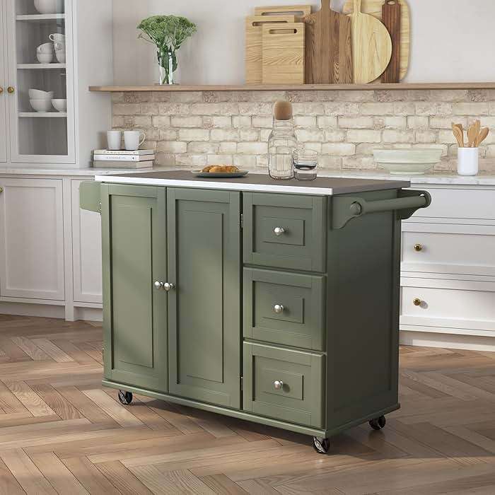 Homestyles Mobile Kitchen Island Cart with Stainless Steel Top, Sage Green - Image 2