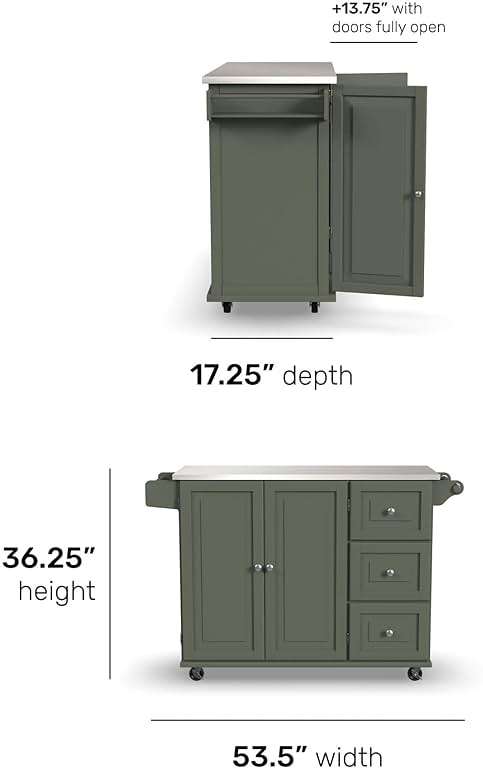 Homestyles Mobile Kitchen Island Cart with Stainless Steel Top, Sage Green - Image 3