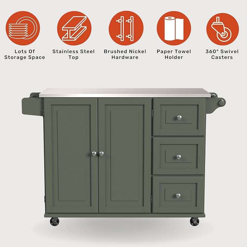 Homestyles Mobile Kitchen Island Cart with Stainless Steel Top, Sage Green - Image 4