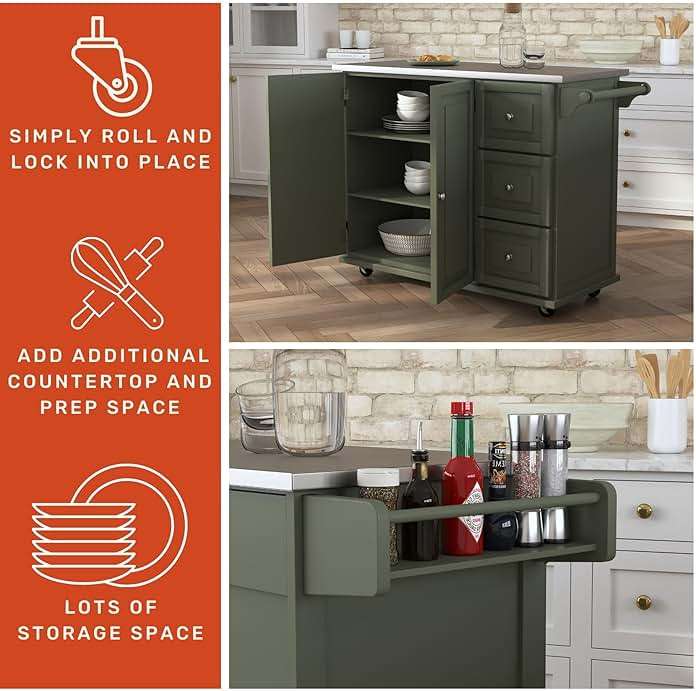 Homestyles Mobile Kitchen Island Cart with Stainless Steel Top, Sage Green - Image 5
