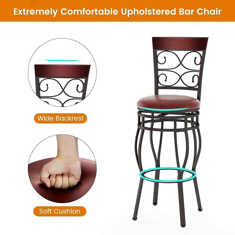 Safeplus 30 Inches Bar Height Bar Stools Set of 2, 360 Degree Swivel Retro Tall Metal Barstools with Leather Padded Seat and Back for Bistro Dining Kitchen Room Pub Vintage Chairs - Image 4