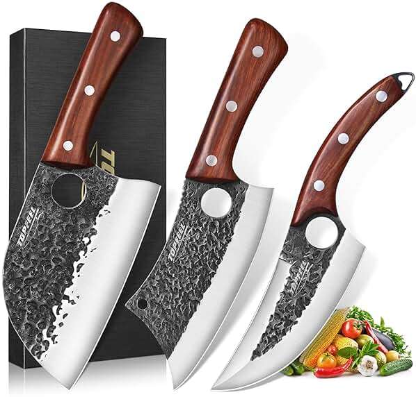 Topfeel 3PCS Butcher Knife Set, Hand Forged Serbian Chef Knives & Meat Cleaver & Viking Knives, Meat Cutting Kitchen Knife Set for Home, Outdoor Cooking, Camping BBQ Gift Idea Men - Image 1