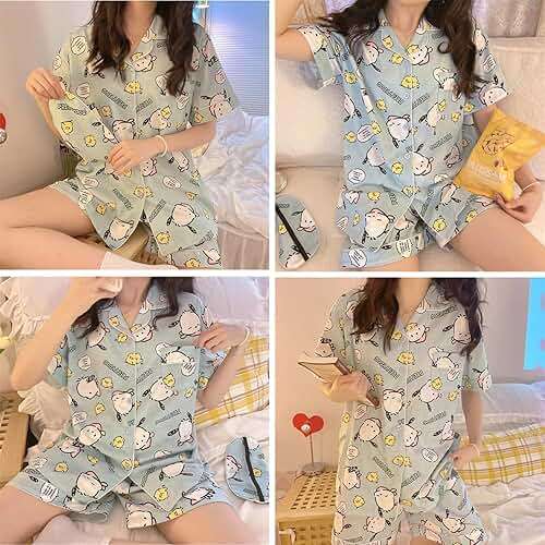 WANHONGYUE Kawaii Cartoon Pajamas for Women Girls Sleepwear Loungewear Short Sleeve Shirt with Shorts 2 Piece Pajama Sets Blue-3 M - Image 2