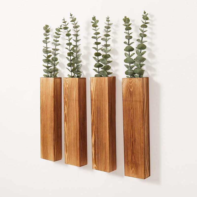 Mokof 4-Pack Wood Wall Planters with 8 Removable Faux Eucalyptus Stems - Modern Farmhouse Wall Decor for Living Room, Bedroom, Bathroom - Wooden Wall Vases and Fake Eucalyptus for Home Office Decor - Image 1