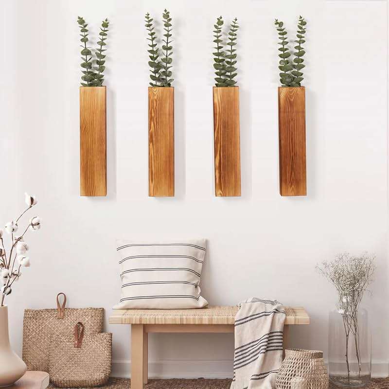 Mokof 4-Pack Wood Wall Planters with 8 Removable Faux Eucalyptus Stems - Modern Farmhouse Wall Decor for Living Room, Bedroom, Bathroom - Wooden Wall Vases and Fake Eucalyptus for Home Office Decor - Image 3