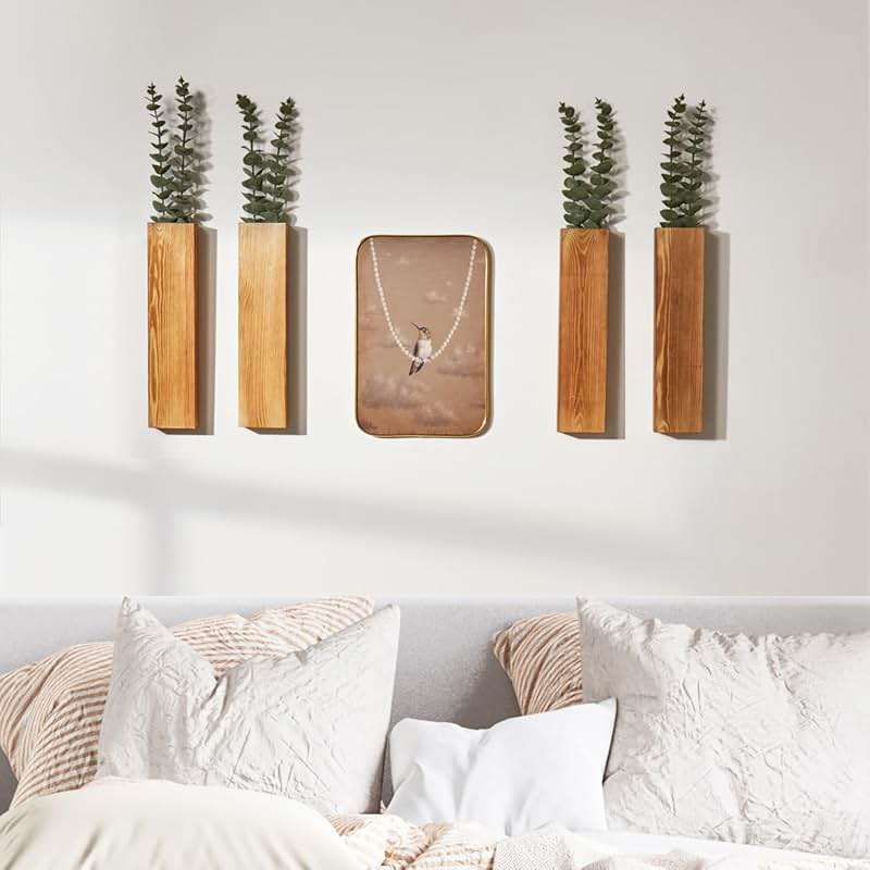 Mokof 4-Pack Wood Wall Planters with 8 Removable Faux Eucalyptus Stems - Modern Farmhouse Wall Decor for Living Room, Bedroom, Bathroom - Wooden Wall Vases and Fake Eucalyptus for Home Office Decor - Image 4