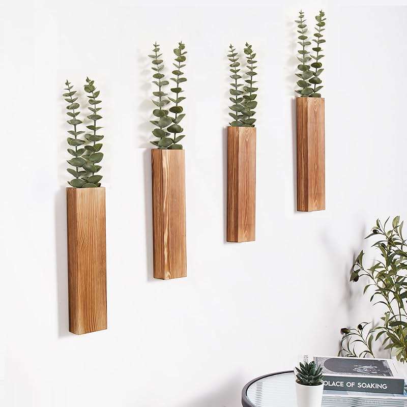 Mokof 4-Pack Wood Wall Planters with 8 Removable Faux Eucalyptus Stems - Modern Farmhouse Wall Decor for Living Room, Bedroom, Bathroom - Wooden Wall Vases and Fake Eucalyptus for Home Office Decor - Image 5