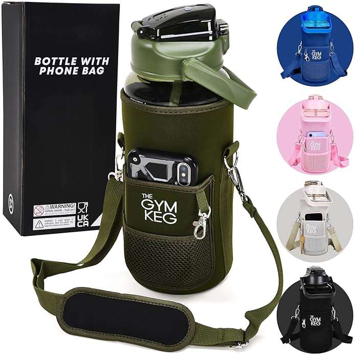 THE GYM KEG Water Bottle with Carrier - 74oz - Sweat-Proof and Durable Silicon Bottle - Neoprene Sleeve & Phone Holder - Hands-Free Storage Pockets - Water Bottle with Sleeve and Strap - Forest Green - Image 1