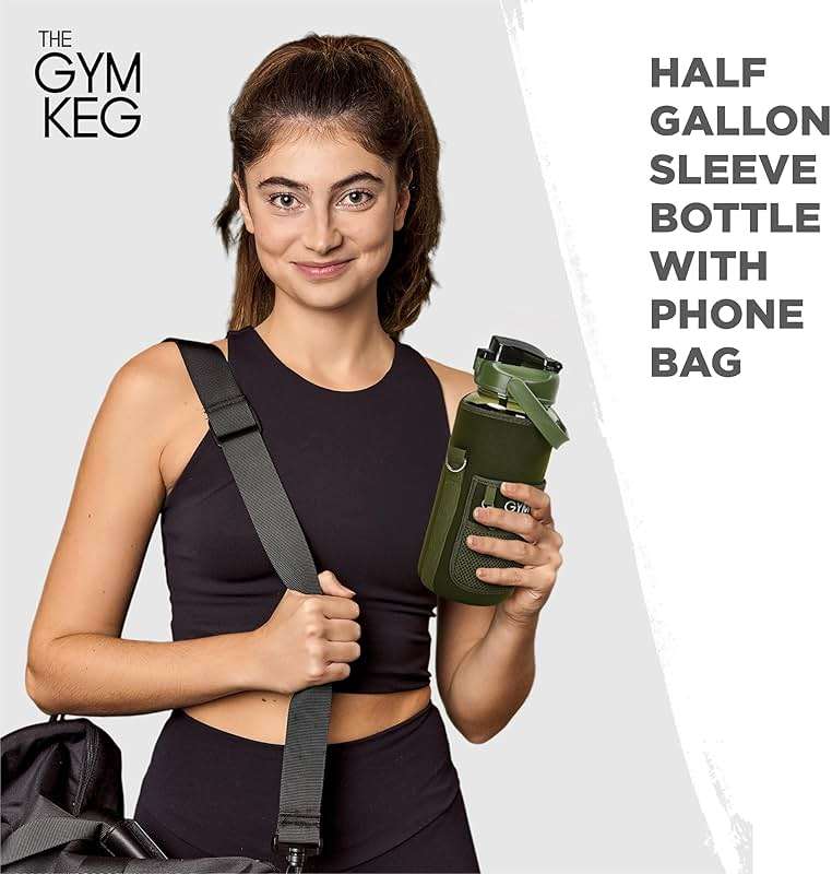 THE GYM KEG Water Bottle with Carrier - 74oz - Sweat-Proof and Durable Silicon Bottle - Neoprene Sleeve & Phone Holder - Hands-Free Storage Pockets - Water Bottle with Sleeve and Strap - Forest Green - Image 3