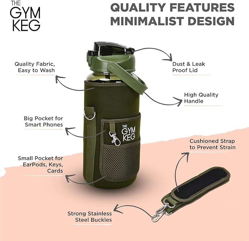 THE GYM KEG Water Bottle with Carrier - 74oz - Sweat-Proof and Durable Silicon Bottle - Neoprene Sleeve & Phone Holder - Hands-Free Storage Pockets - Water Bottle with Sleeve and Strap - Forest Green - Image 5