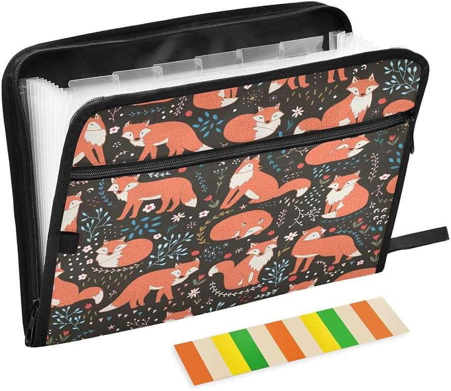Quteprint 13 Pockets Expanding File Folder with Zipper Closure, Flower Leaves Animal Fox Accordion File Folder with Sticky Labels, Letter Size A4 Papers Expandable File Document Organizer - Image 1