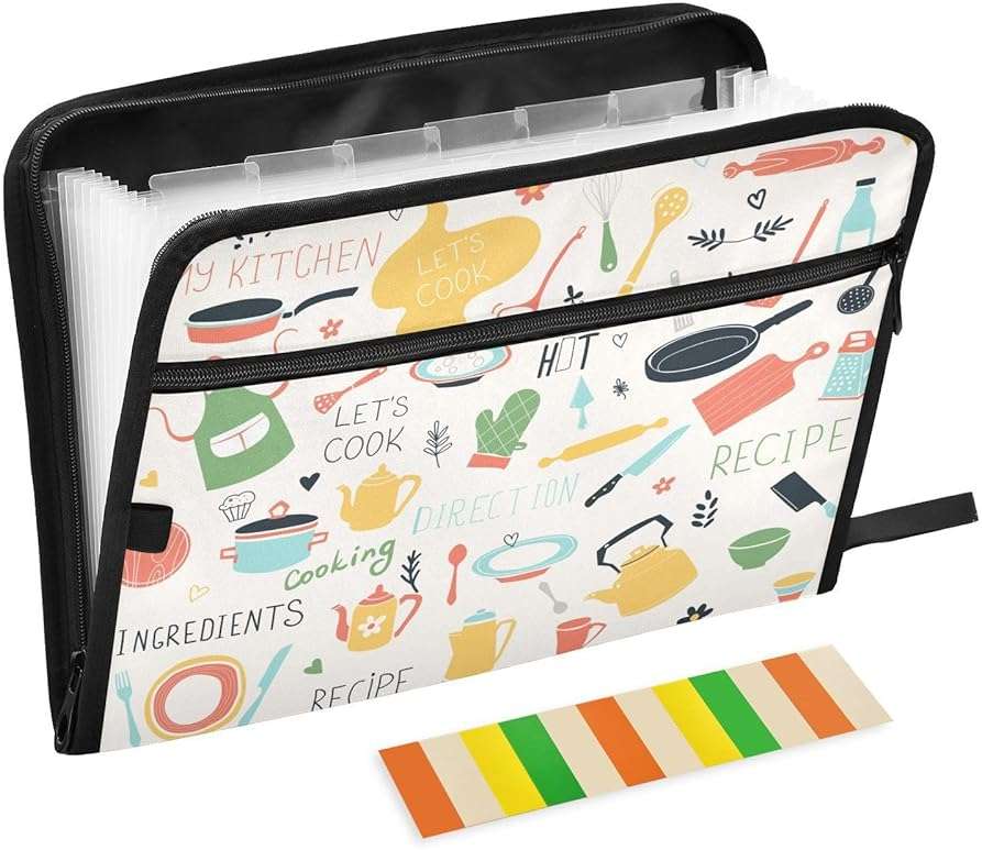 Quteprint 13 Pockets Expanding File Folder with Zipper Closure, Kitchen Icon Sets Recipe Accordion File Folder with Sticky Labels, Letter Size A4 Papers Expandable File Document Organizer - Image 1