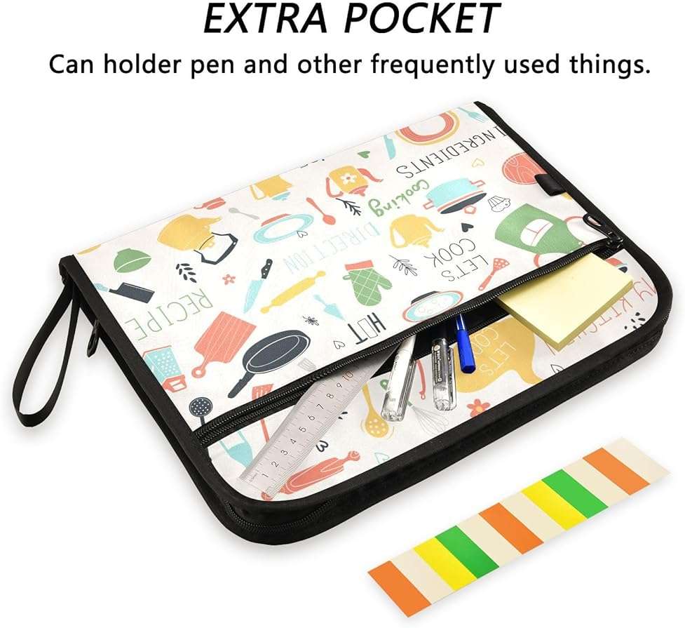 Quteprint 13 Pockets Expanding File Folder with Zipper Closure, Kitchen Icon Sets Recipe Accordion File Folder with Sticky Labels, Letter Size A4 Papers Expandable File Document Organizer - Image 2