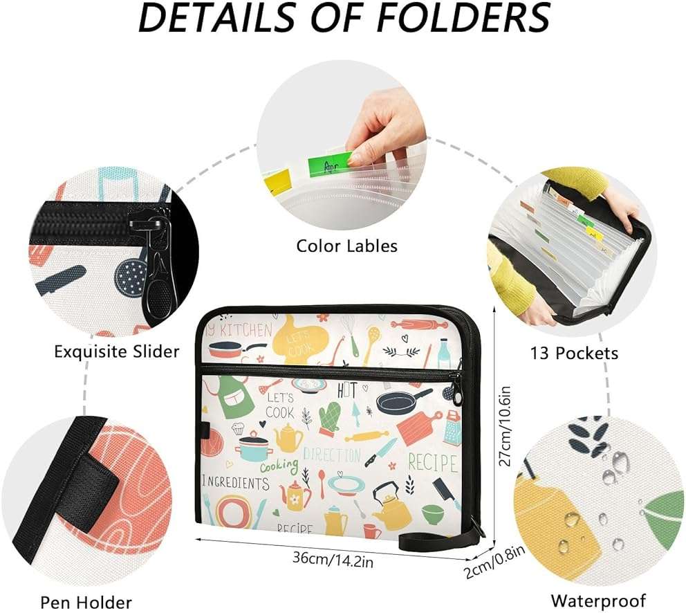 Quteprint 13 Pockets Expanding File Folder with Zipper Closure, Kitchen Icon Sets Recipe Accordion File Folder with Sticky Labels, Letter Size A4 Papers Expandable File Document Organizer - Image 3