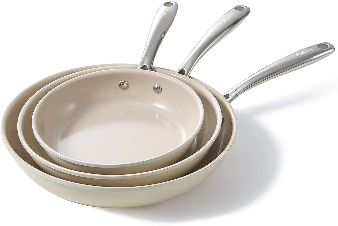Redchef Non Stick Frying Pans, Ceramic Pan Skillet, Non Toxic Pans for Cooking, 8" 9.5" 11" Ceramic Frying Pan Set PFAS & PTFE & PFOA Free with Stay Cool Handle, Dishwasher & Oven Safe, Beige White - Image 1