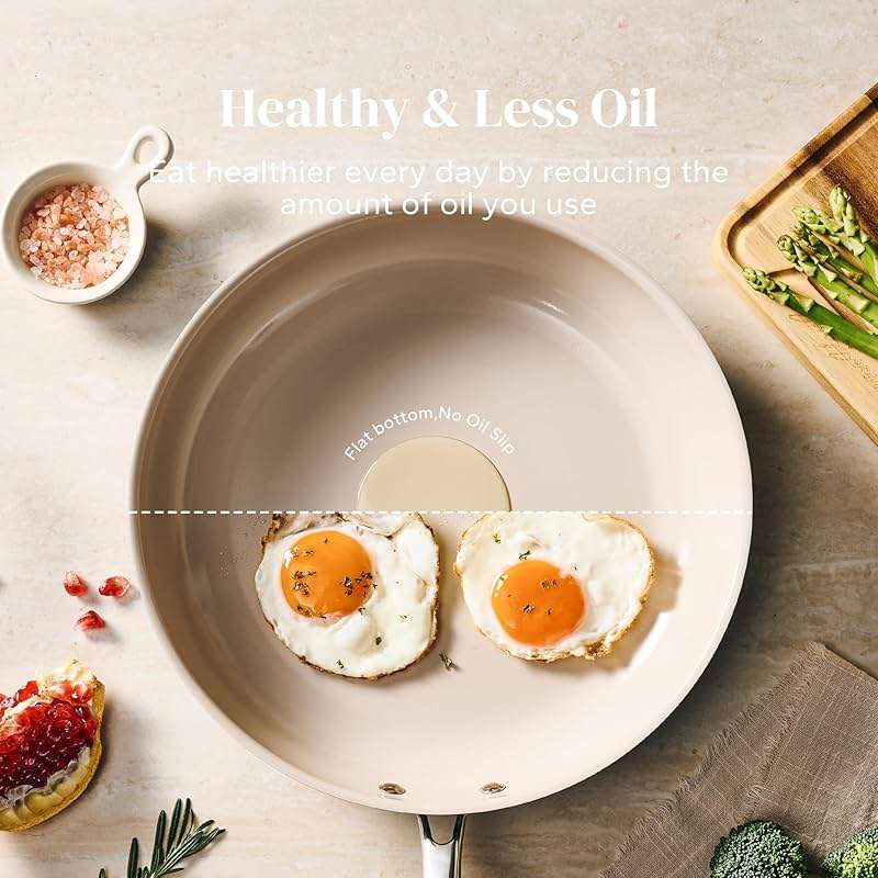 Redchef Non Stick Frying Pans, Ceramic Pan Skillet, Non Toxic Pans for Cooking, 8" 9.5" 11" Ceramic Frying Pan Set PFAS & PTFE & PFOA Free with Stay Cool Handle, Dishwasher & Oven Safe, Beige White - Image 3