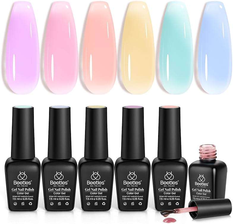 Beetles Pastel Gel Nail Polish Set - 6 Colors Spring Jelly Gel Polish Kit Pink Blue Purple Orange Yellow Green Sheer Translucent Effect Soak Off UV Macaron Dream Nail Art DIY Gift for Women - Image 1