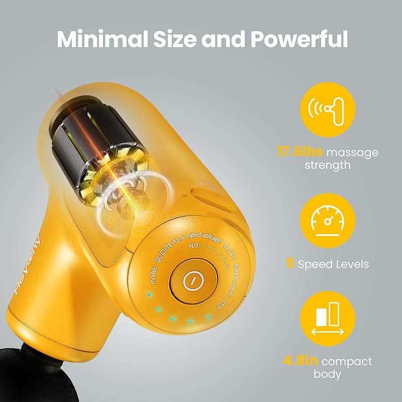 HEYCHY Super Mini Massage Gun Deep Tissue, Handheld Muscle Massager with 4 Heads, Percussion Travel Size Massager Gun FSA Eligible for Men Women Back Relief, Quiet for Home, Gym, Office, HSA, Yellow - Image 2