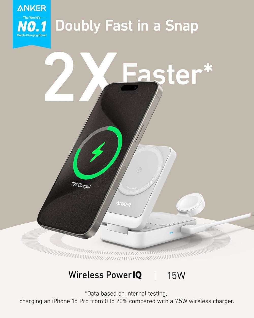 Anker MagGo 3 in 1 iPhone 17 Charging Station, MagSafe-Compatible Wireless Charger Stand, Qi2 Certified 15W Foldable Charger for iPhone 17/16/15/14/13/12, AirPods, Apple Watch Ultra(Adapter Included) - Image 2