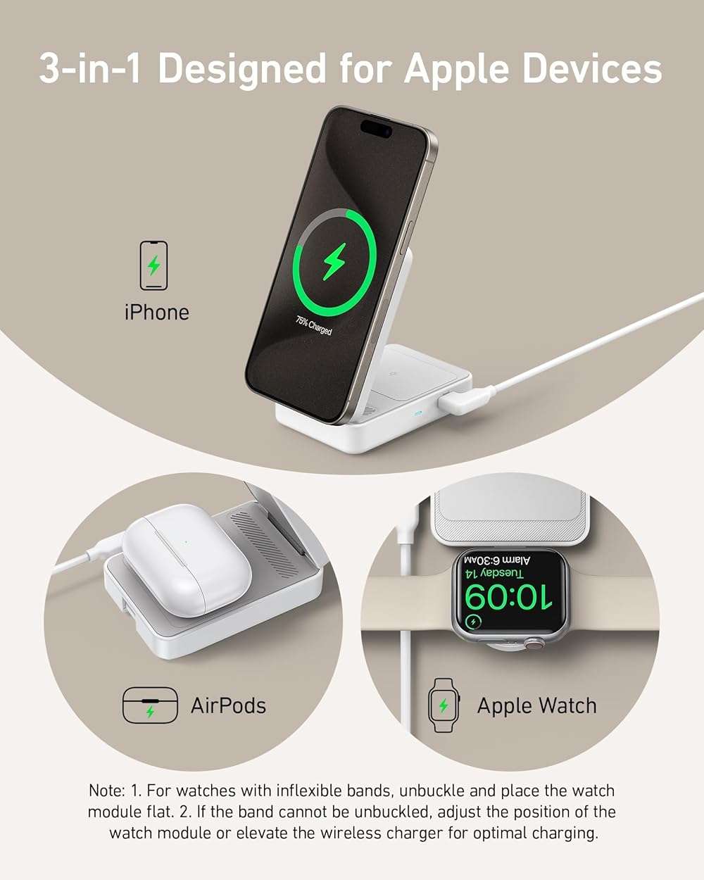 Anker MagGo 3 in 1 iPhone 17 Charging Station, MagSafe-Compatible Wireless Charger Stand, Qi2 Certified 15W Foldable Charger for iPhone 17/16/15/14/13/12, AirPods, Apple Watch Ultra(Adapter Included) - Image 5
