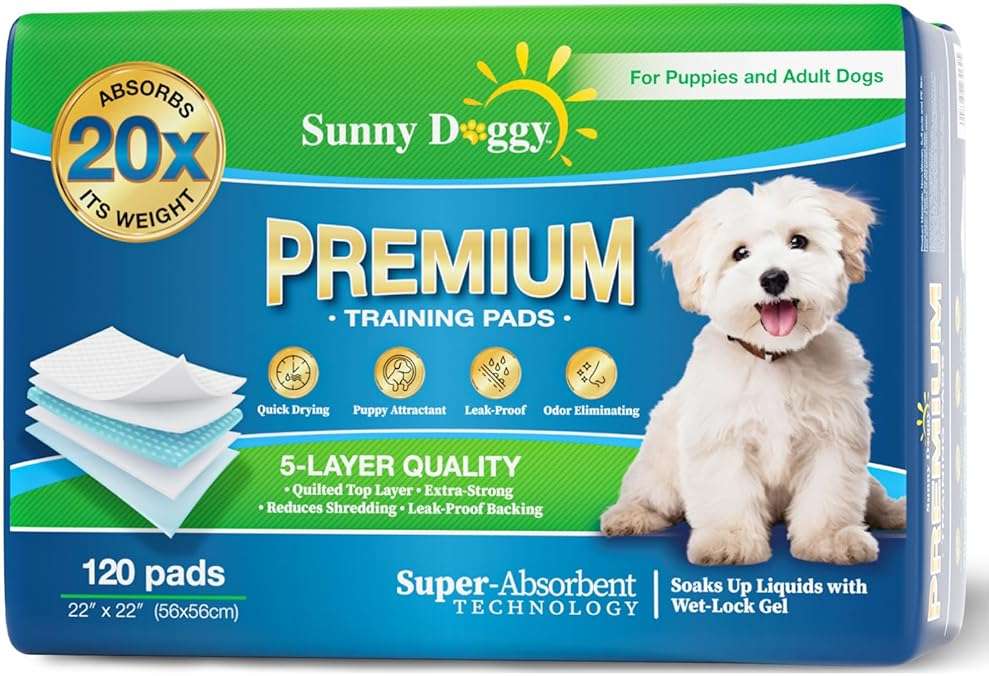 SUNNY DOGGY Pee Pads for Dogs Large 22”x 22”, 120 Count Puppy Pads Pet Training Pads Disposable Upgraded Odor Control, Potty Pads Absorbent and Leak-Proof Dog Housebreaking & Puppy Supplies - Image 1
