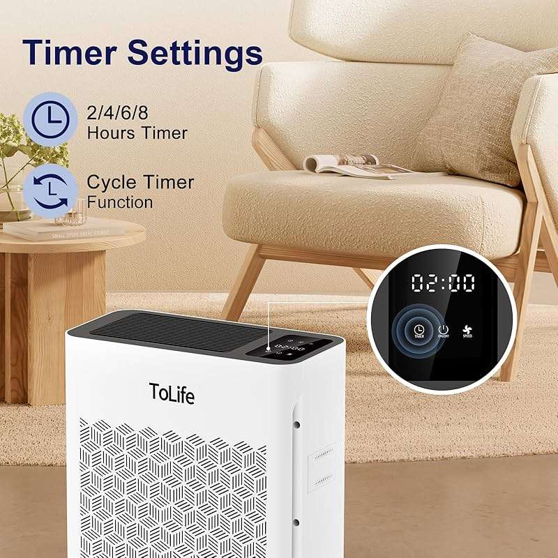 Tolife Air Purifier Large Room, HEPA Air Purifiers for Home Pets Hair with Washable Filter, Air Cleaner for Bedroom up to 1095 Ft² Dust Smoke Odor, Sleep Mode, Timer, White - Image 6
