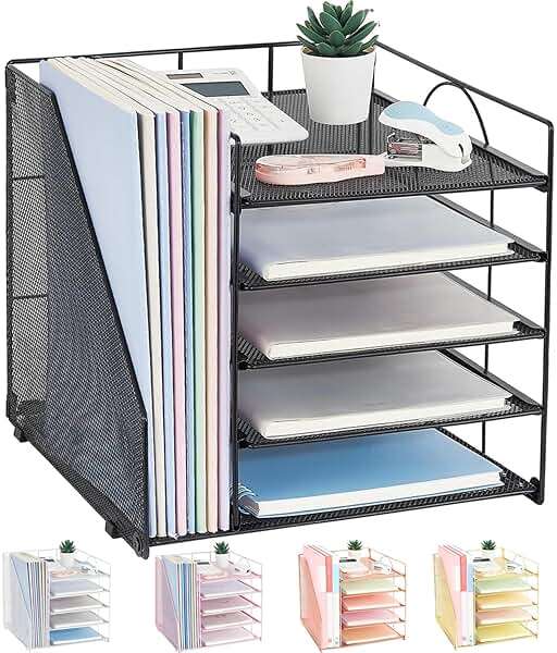 LEKETREE Desk Organizers and Accessories, 5-Tier Paper Letter Tray Organizer with File Holder, Desktop Organizer for Office Supplies (Black) - Image 1