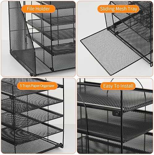 LEKETREE Desk Organizers and Accessories, 5-Tier Paper Letter Tray Organizer with File Holder, Desktop Organizer for Office Supplies (Black) - Image 6