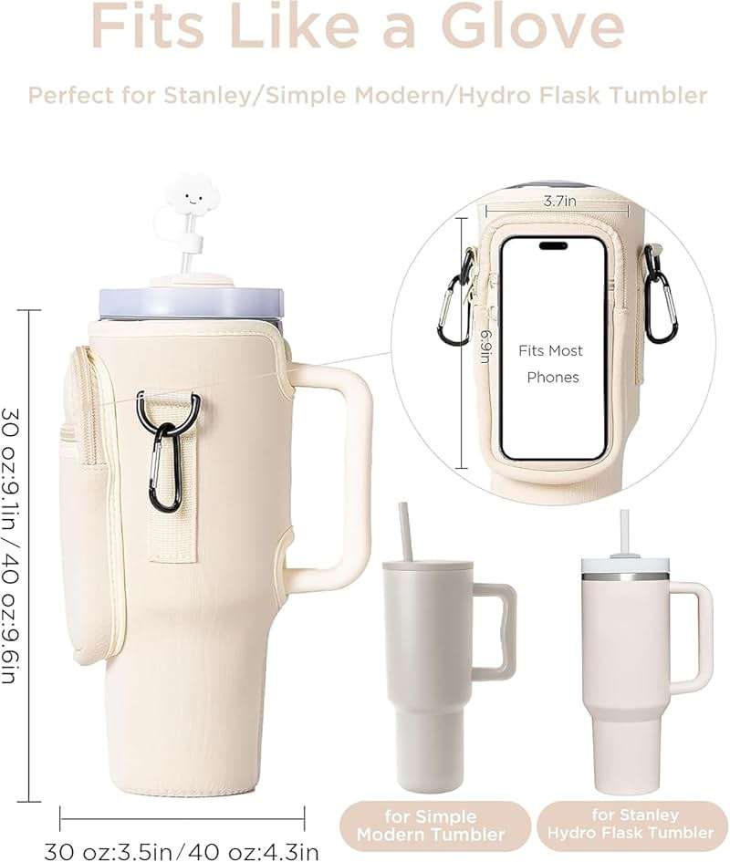 dabria Water Bottle Carrier Bag with Phone Pocket for Stanley 40/30 oz Tumbler Neoprene Water Bottle Holder Pouch with Adjustable Strap Bollus with Straw Cover for Stanley Cup Accessories - Image 2