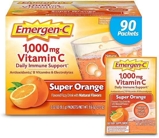 Emergen-C 1000mg Vitamin C Immune Support Powder Super Orange 90CT includes Zinc, Manganese, 7 B Vitamins and Electrolytes for Back to School Essentials - Image 1