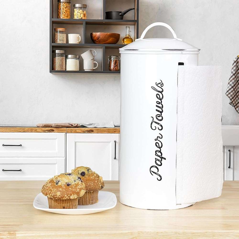 AuldHome Design Farmhouse Paper Towel Holder (White); Rustic Enamelware Countertop Paper Towel Dispenser for Kitchen - Image 2