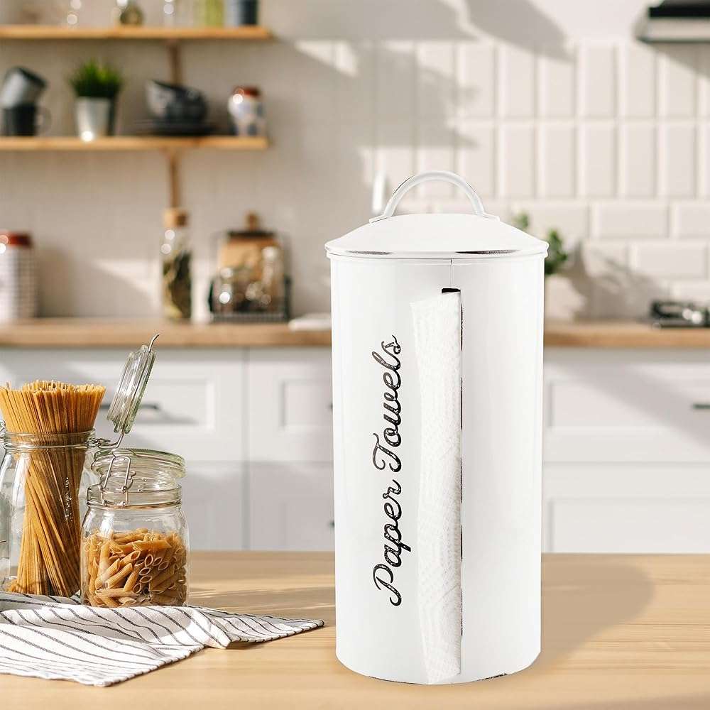AuldHome Design Farmhouse Paper Towel Holder (White); Rustic Enamelware Countertop Paper Towel Dispenser for Kitchen - Image 4