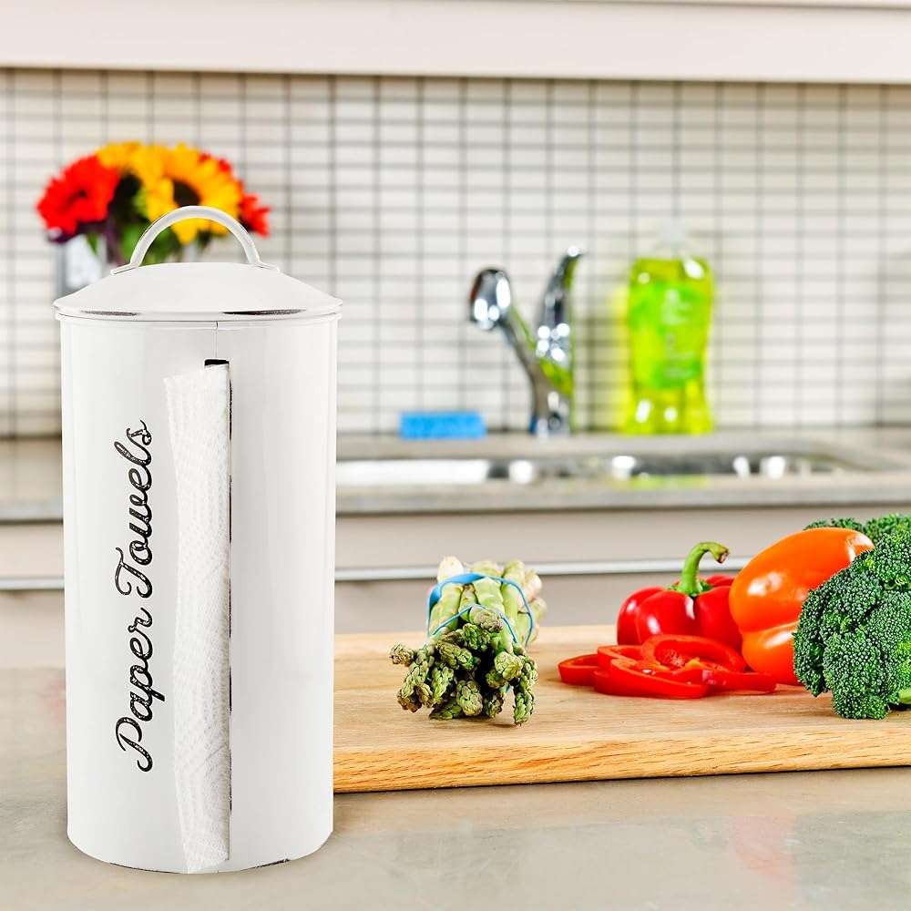 AuldHome Design Farmhouse Paper Towel Holder (White); Rustic Enamelware Countertop Paper Towel Dispenser for Kitchen - Image 5