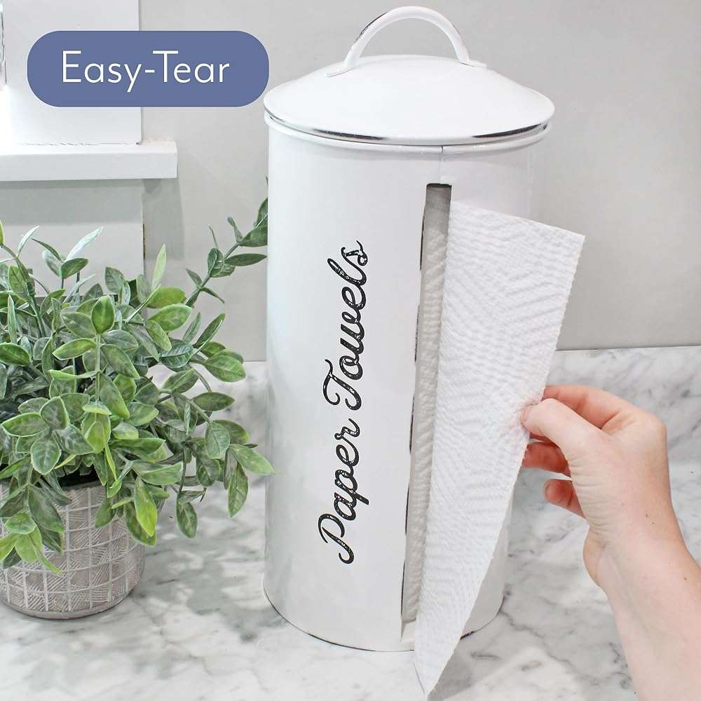 AuldHome Design Farmhouse Paper Towel Holder (White); Rustic Enamelware Countertop Paper Towel Dispenser for Kitchen - Image 8