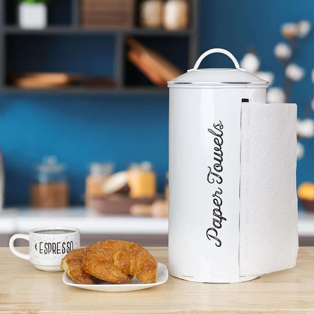 AuldHome Design Farmhouse Paper Towel Holder (White); Rustic Enamelware Countertop Paper Towel Dispenser for Kitchen - Image 9