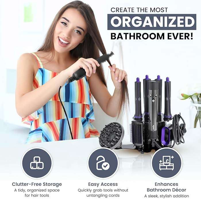 Truvalent Blow Dryer Accessory Holder for Dyson Airwrap & Shark FlexStyle Only - Wall or Countertop Organizer for Hair Tools - Storage Rack for 9 Styling Attachments - Black (Blow Dryer Not Included) - Image 3