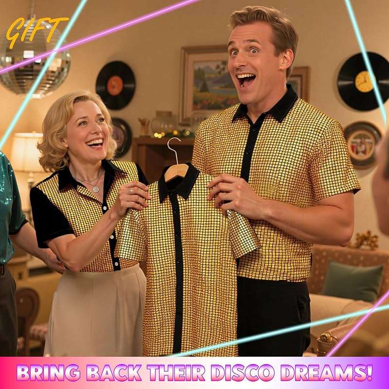 Zando Men's Sequin 70s 80s Disco Shirt - Retro Short Sleeve Button Up Costume Halloween New Year Party Outfit Top & Clubwear - Image 6