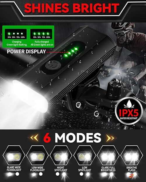 DARKBEAM Bike Headlight Rechargeable USB-C, Bicycle Lights 4000LM Ultra Bright, Mountain Bike Light Set for Night Riding, 6+5 Mode Waterproof Front Bike Light & Rear Light for Road, Cycling - Image 3