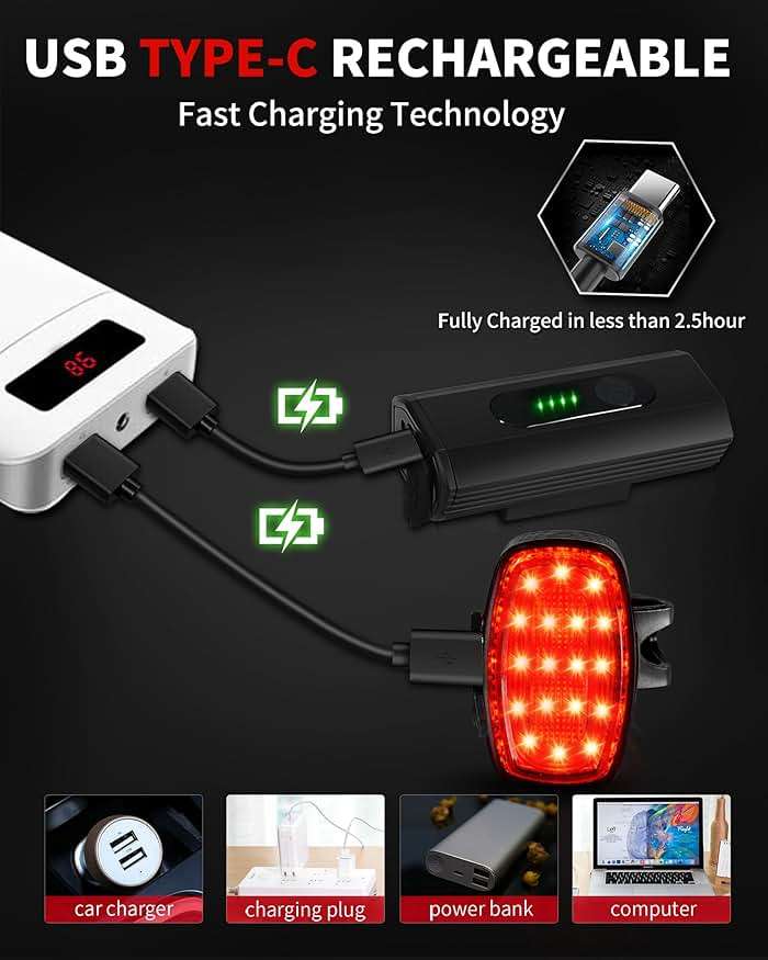 DARKBEAM Bike Headlight Rechargeable USB-C, Bicycle Lights 4000LM Ultra Bright, Mountain Bike Light Set for Night Riding, 6+5 Mode Waterproof Front Bike Light & Rear Light for Road, Cycling - Image 5