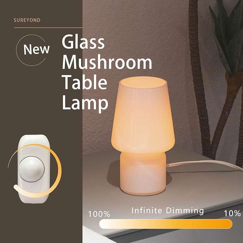 SUREYOND Mushroom Lamp,Mother's Day Gifts,Small Table Lamp,Cute Nightstand Kitchen Mini Lamp,Glass Table Lamp,Suitable for Bedrooms, Kitchens, Living Rooms, Bedside, Girl Gifts（White） - Image 2