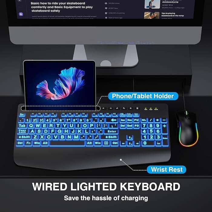 SABLUTE KM21Pro Wired Keyboard and Mouse Combo, 4X Larger Print Backlit Keys, Palm Rest, Ergonomic Design, USB Plug & Play for Windows PC Laptop, Ideal for Seniors, Students, Home & Office - Image 6