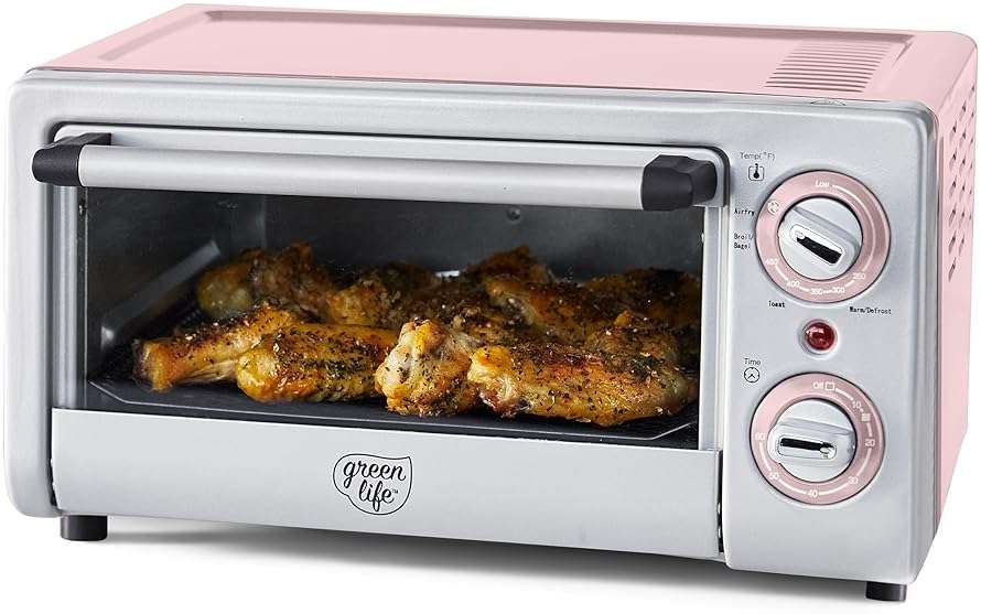 GreenLife Countertop Toaster Oven Air Fryer Stainless Steel, Healthy Ceramic Nonstick, PFAS Free, Tray & Basket, Bake, Broil, Reheat, Adjustable Temp & Time Control, Auto Shutoff, Pink - Image 1