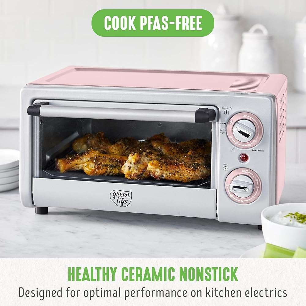 GreenLife Countertop Toaster Oven Air Fryer Stainless Steel, Healthy Ceramic Nonstick, PFAS Free, Tray & Basket, Bake, Broil, Reheat, Adjustable Temp & Time Control, Auto Shutoff, Pink - Image 3
